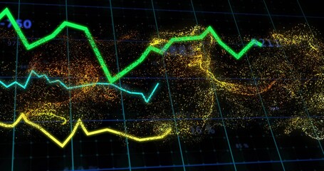 Showing green, teal, yellow line graphs on monitor with golden particles, cyan grid, numeric labels