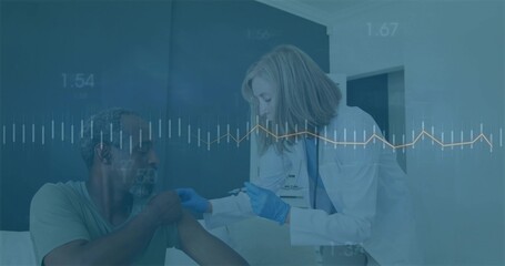 Injecting medical professional delivering vaccine into arm in clinic, syringe and waveform overlay