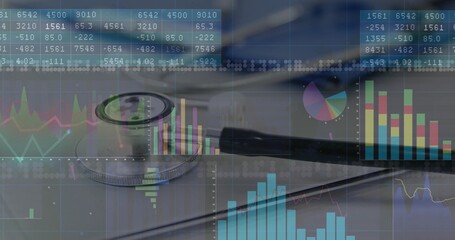 Featuring stethoscope resting beside keyboard and document, with digital data tables and charts