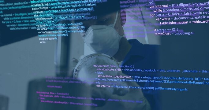 Asian scientist wearing mask and goggles examining mannequin head in laboratory, with floating code