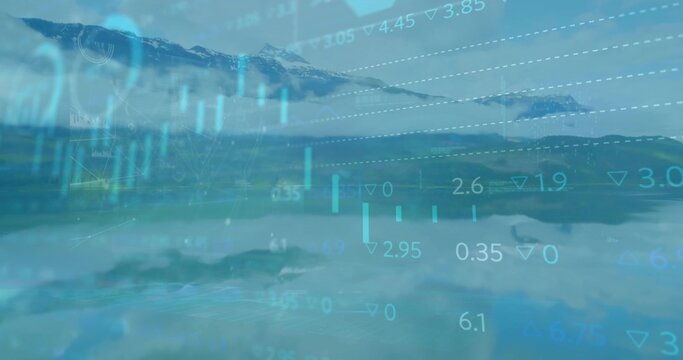 Fototapeta Displaying trading charts overlaying snow-capped peaks by glacial lake, candlestick bars and arrows