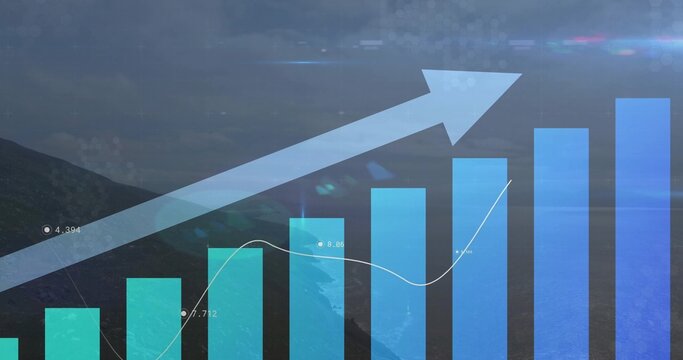 Displaying vertical bar chart with overlay line graph and upward arrow on aerial coastal landscape