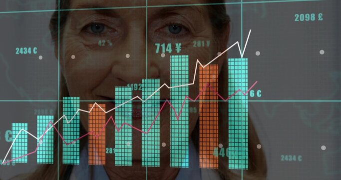 Senior woman studying financial data on digital display, with translucent bar and line charts
