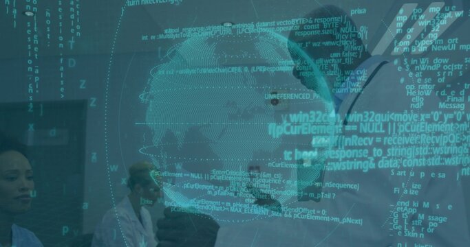 Reviewing IT team collaborating at table in conference room, with digital globe and scrolling code