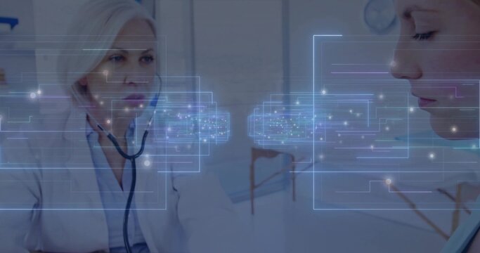 Examining doctor in lab coat using stethoscope on patient in clinic with holograms, copy space