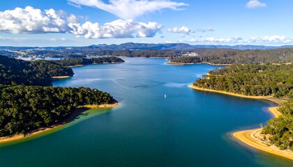 Fototapeta premium A serene aerial view of a vast lake surrounded by lush green forest, with scattered clouds in the sky and a mountain backdrop