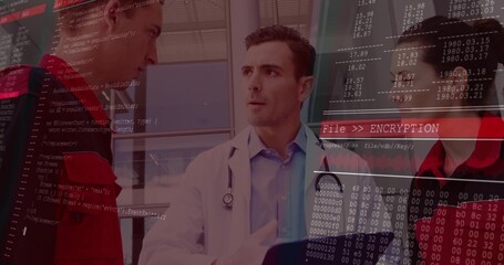 Doctor in lab coat consulting paramedics in red jackets in corridor, with stethoscope, code overlay