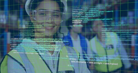 Standing Hispanic female engineer wearing neon vests at refinery with piping and code grid overlay