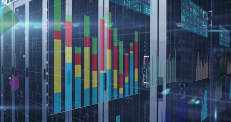Displaying transparent panels showing multicolored bar charts in data center, with LED server racks