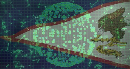 Naklejka premium Central sphere displaying glowing green nodes in grid with lines, red beam, eagle spear emblem
