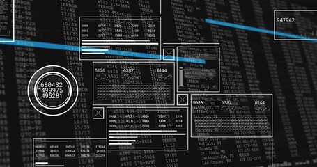 Displaying layered clear data panels and gauge at monitor with blue bars, errors and close icons