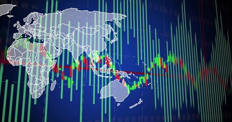 Displaying white world map outline with green bars, candlesticks and red trendline on interface
