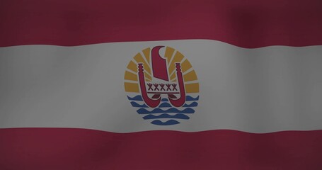 Obraz premium Displaying red-white-red triband flag waving on backdrop featuring stylized canoe, waves, sun rays