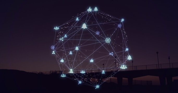 Floating holographic network sphere over sea pier with lampposts at dusk showing social media icons - Powered by Adobe