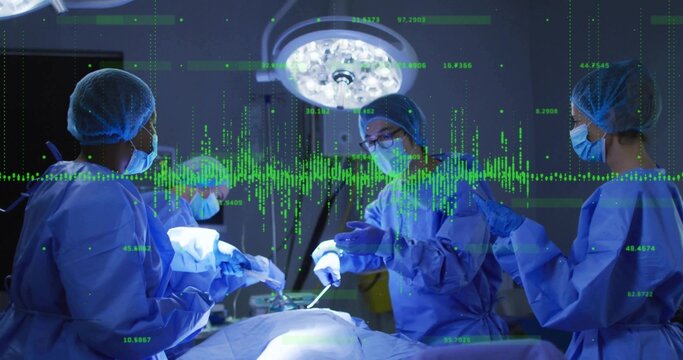 Performing surgical team operating on patient in operating room, with scalpel and waveform overlay