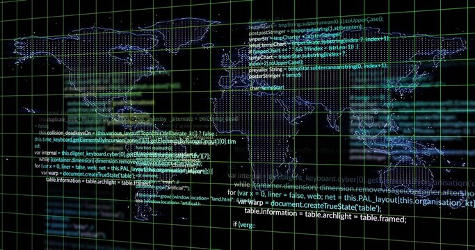 Displaying dotted world map outline with glowing nodes and code snippets over neon grid interface - Powered by Adobe