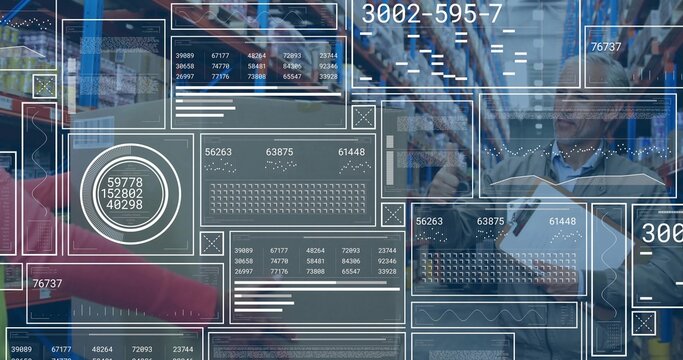 Warehouse workers in jackets using scanner and clipboard in aisle, with digital overlays