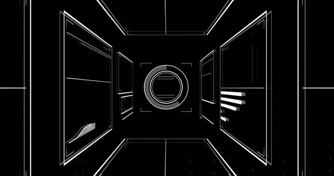 Floating central circular display in virtual control interface, with border frames and data panels