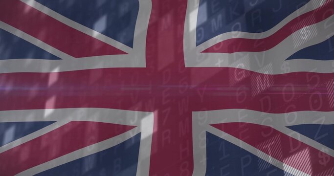 Naklejki Displaying Union Jack flag filling frame on data grid, with code and light streaks