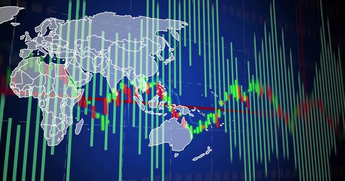 Displaying white world map outline with green bars, candlesticks and red trendline on interface