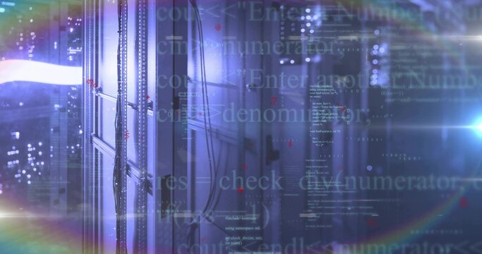 Casting glow server rack shimmering in data center corridor, with network cables and code overlay