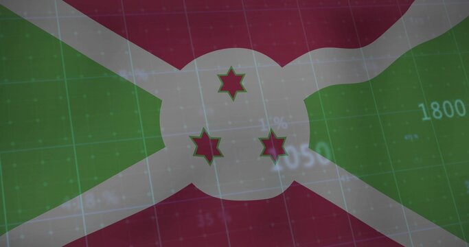 Naklejki Displaying Burundi national flag overlaying faint financial gridlines on screen, with data labels