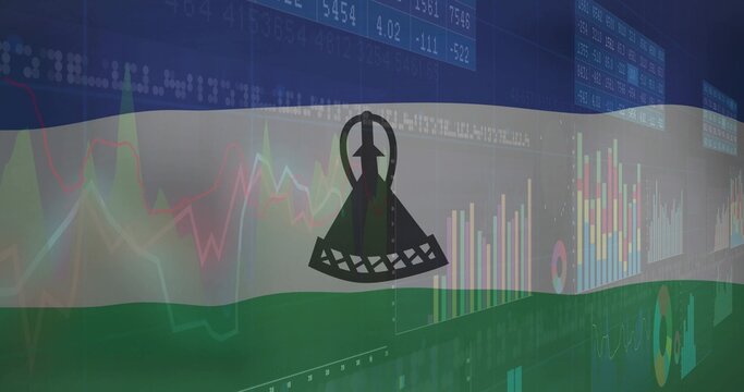 Naklejki Waving Lesotho flag in finance display, with mokorotlo hat and financial charts, tickers and grids