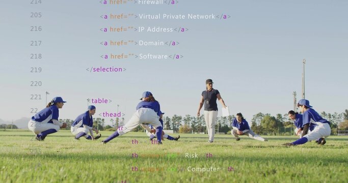Stretching baseball team wearing blue caps lunging on field, with coach holding clipboard, whistle