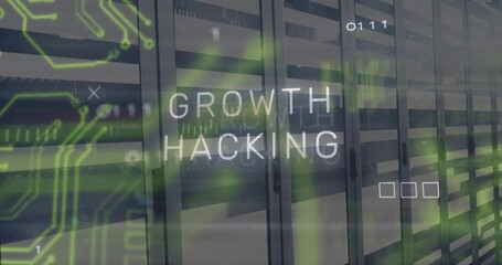Projecting GROWTH HACKING text floating across server corridor, with racks and binary digits