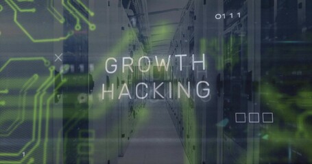 Displaying server racks in server room, with green circuit  and  code overlays, growth hacking text