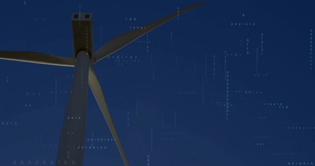 Standing wind turbine tower rising outside at twilight, with hub, blades and binary code overlay