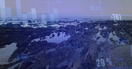 Displaying jagged rocky shoreline exposing tidal pools at low tide, with digital data overlay