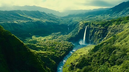 Lush green valley with a cascading waterfall flowing into a river, surrounded by mountains and tropical forest in a scenic landscape