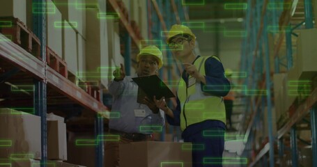 Warehouse workers scanning boxes in racks in distribution center with tablet and hard hats, vests