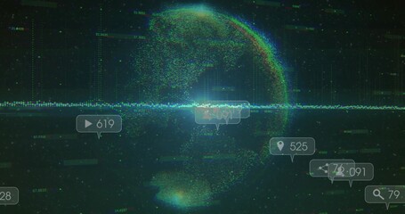 Displaying dotted globe rotating in dark tech dashboard, featuring waveform and icons with counters