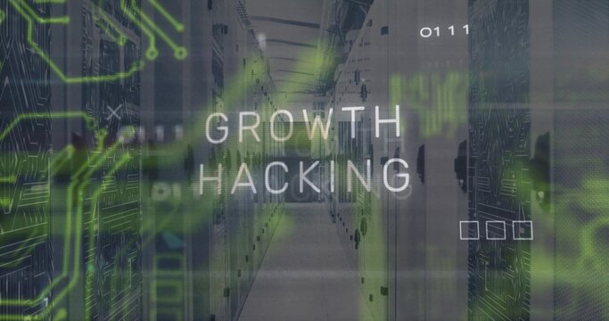 Running circuit overlays featuring growth hacking text across data center aisle with server racks