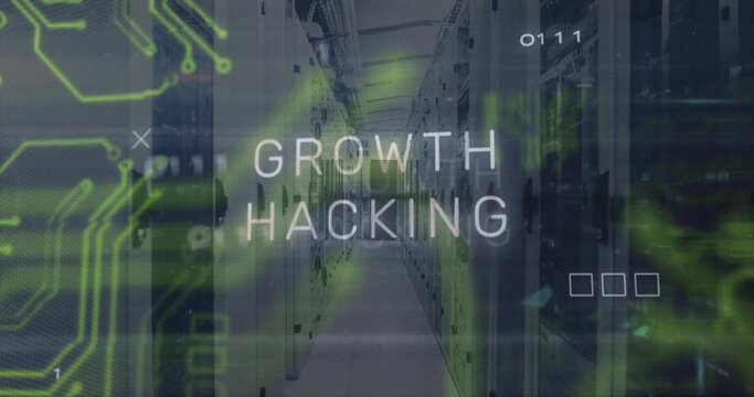 Displaying server racks in server room, with green circuit  and  code overlays, growth hacking text