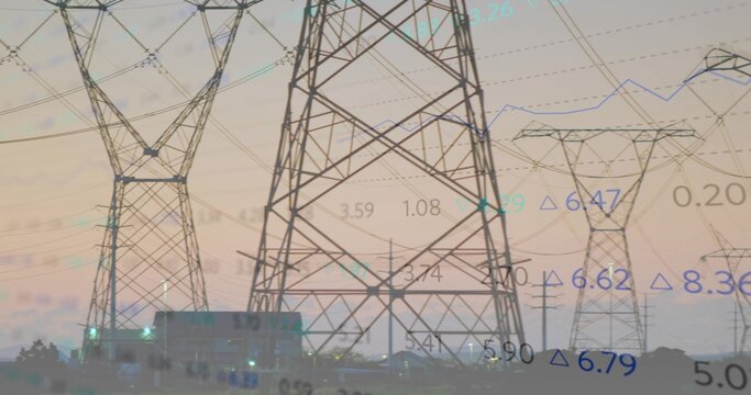 Showing steel transmission tower dominating landscape at dusk with power lines and chart overlay