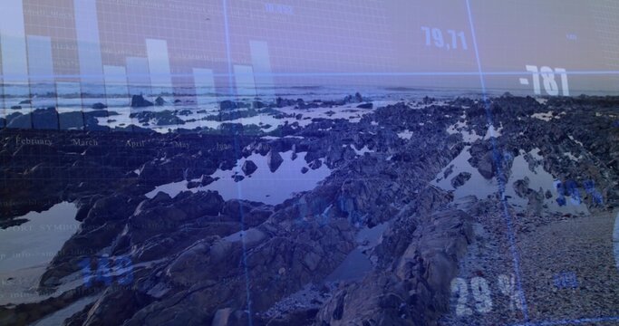 Displaying jagged rocky shoreline exposing tidal pools at low tide, with digital data overlay