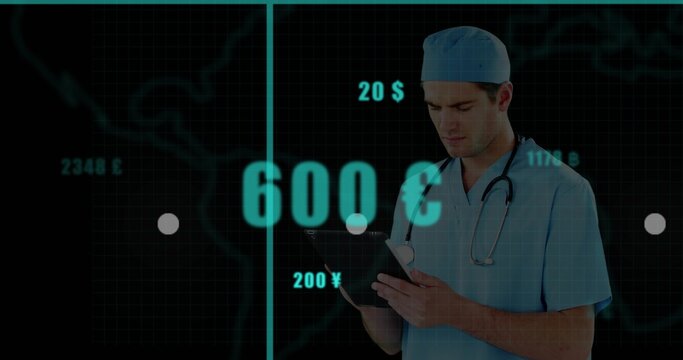 Monitoring doctor in scrubs tracking currency data on map UI, with tablet, stethoscope, copy space