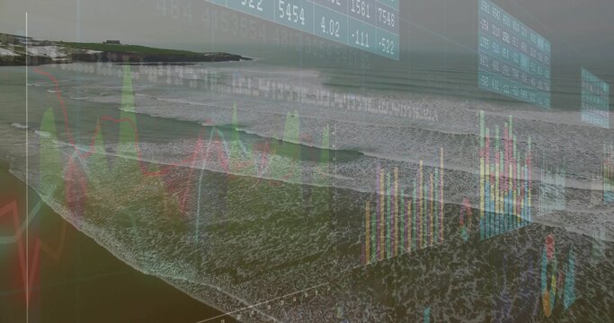Rolling ocean waves merging on coastal shore, with financial charts, data panels and grid overlays
