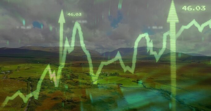 Fototapeta Displaying neon financial chart with numeric labels and arrows spanning valley under overcast sky