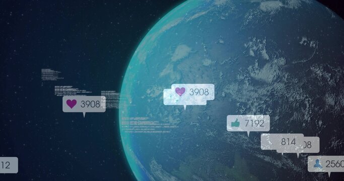 Naklejki Dominating planet Earth hovering against starry space backdrop, with notification bubbles and code