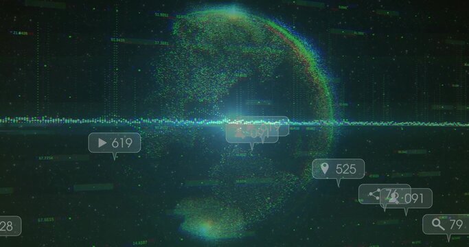 Displaying dotted globe rotating in dark tech dashboard, featuring waveform and icons with counters