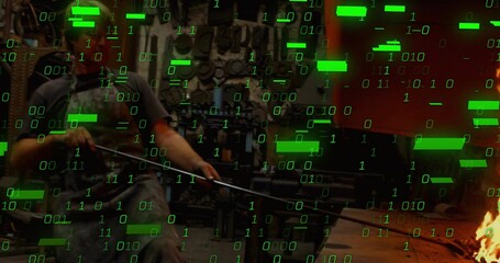 Forging metalworker holding glowing rod inside workshop, with forge fire and digital code overlay