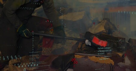 Stirring gloved worker in red overalls guiding embers in forge, with shovel and code overlay