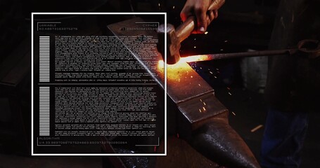 Blacksmith forging bar with hammer and tongs in workshop, with UI overlay, copy space