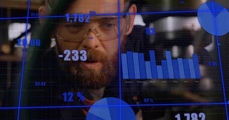 Bearded engineer with goggles analyzing data in lab, with bar chart and pie chart overlays