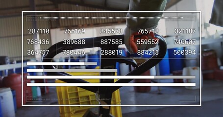 Worker with orange gloves gripping pallet jack moving crate in warehouse, with digital overlay