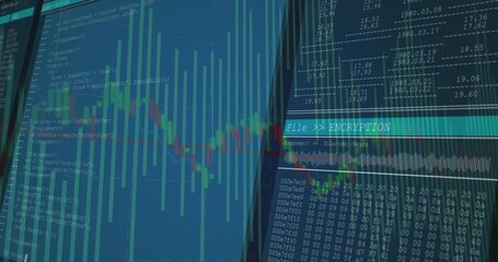 Displaying monitors showing encryption status bar, hex dump and chart in tech workspace, copy space
